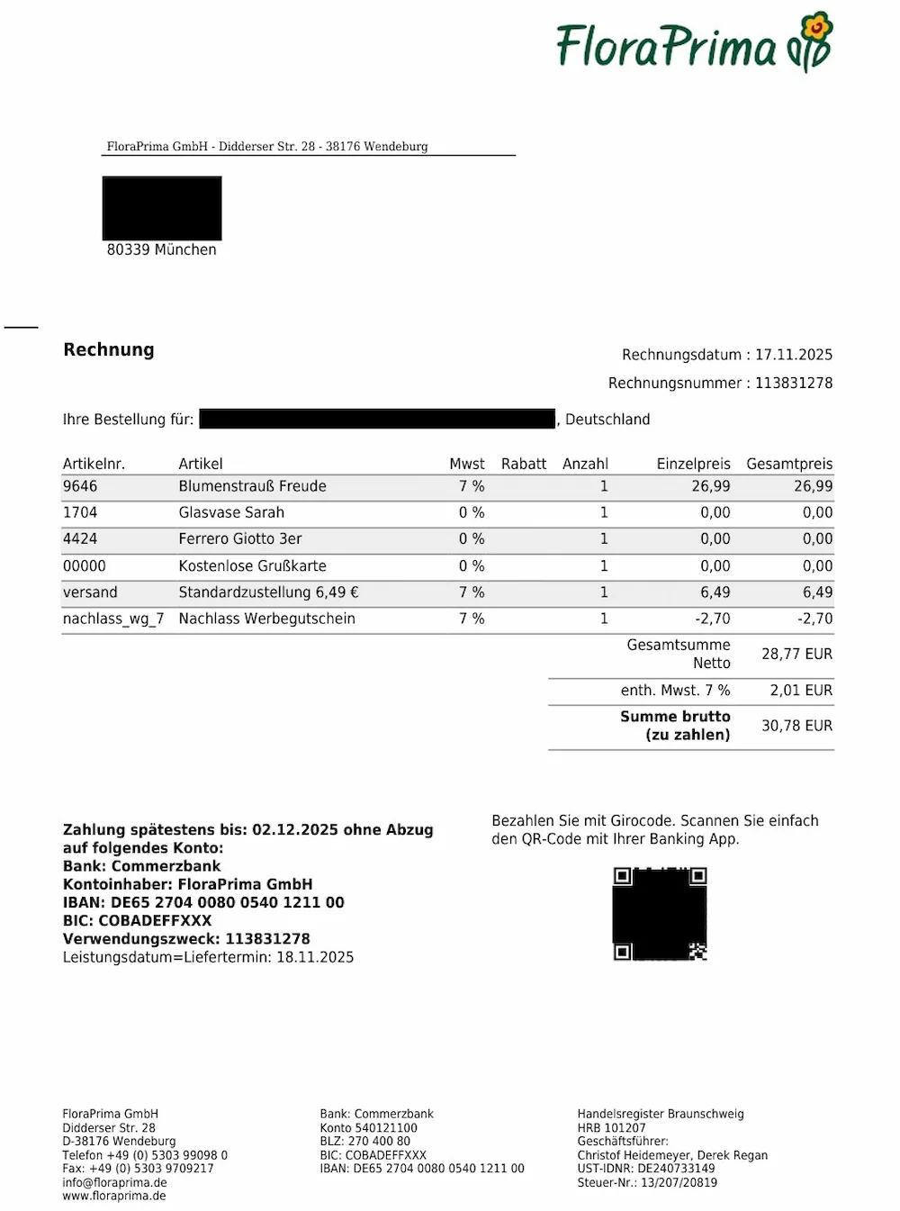 Rechnung von FloraPrima per E-Mail